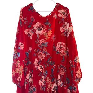 Ava & Viv Plus‎ 4X Red Floral Midi Dress Long Sleeve V-Neck Casual
